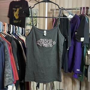Y2K Black Spaghetti Strap Tank Top Embroidered "KUMUP" Graphic